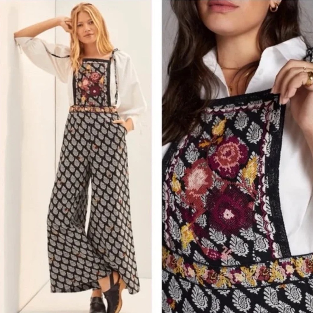 Anthropologie Black and White Floral Jumpsuit